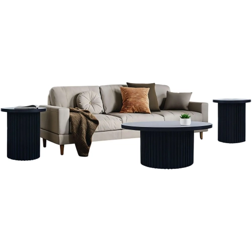 Auden 3 Piece Fluted Coffee & End Table Set in Black Wood